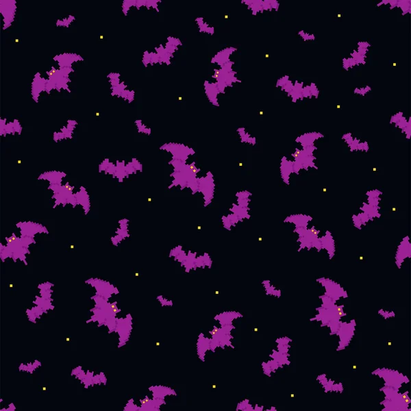 Piksel sanat cadılar bayramı kusursuz desen. 8 bit oyuncu retro tarzı, tekrarlanabilir arka plan ve bir sürü mor yarasa. Vektör piksel resim deseni.