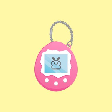 Tamagotchi oyuncak illüstrasyonu. Klasik dijital cep hayvanı oyunu ikonu. Ekran, zincir ve düğmeleri olan Japon klasik pembe Tamagotchi. Nostalji şeyleri- 90 'lardan Tamagotchi Tavşan hayvanı. Vektör.