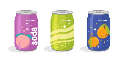 Renkli meşrubat kutuları seti. El çizimi, alüminyum kutularda gazoz seti. Alüminyum soda kutuları parlıyor. Şeftalili, turuncu dalgalı, köpüklü teneke kutular Kawaii tasarımı. Vektör