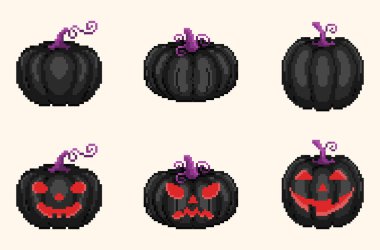 Pikselli siyah balkabağı koleksiyonu. Cadılar Bayramı dekorasyonu ya da oyun tasarımı için hazırlanmış Retro 8 bit tarzı karanlık balkabağı fenerleri. Pikselleştirilmiş korku Cadılar Bayramı balkabağı ikonları. Vektör.