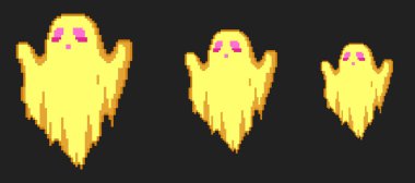 Pikseldeki altın parlayan korku hayaletleri. Cadılar Bayramı retro 90 'lar 8 bit piksel ruhlar çizimi. Farklı boyutlarda vektör koleksiyonu.