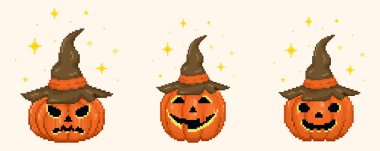 Pixel Art Jack Balkabağı cadı seti. Cadılar Bayramı dekorasyonu retro 8 bit piksel oyuncu tarzında. Şirin eğlence ve tüyler ürpertici balkabağı büyücüleri ve büyücüler pikselli bir şekilde paketlenmişler..