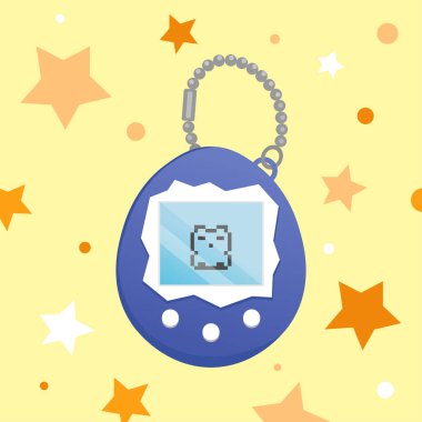 Tamagotchi mavi oyuncak illüstrasyonu. Klasik dijital cep hayvanı oyunu ikonu. Ekran, zincir, yıldızlar ve düğmeleri olan Japon klasiği Tamagotchi. Nostalji şeyleri - Tamagotchi kedi veya tilki vektörü.