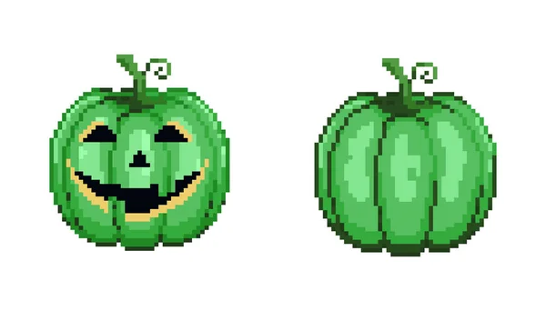 Pixel Art Halloween Fun Green Pumpkin Set Pixel Jack Halloween — Stock Vector