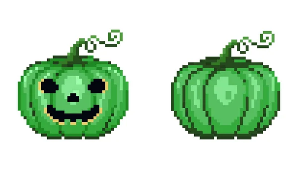 Pixel Art Halloween Cute Green Pumpkin Set Pixel Jack Halloween — Stock Vector