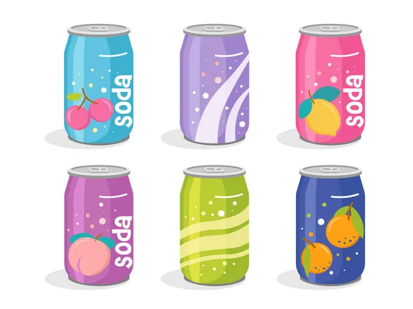 Şirin Soda Kutuları Koleksiyonu. Alüminyum kutularda el yapımı harika içecekler. Modern renkler meşrubat kutuları süslü çizimler. Limonlu, kirazlı ve baloncuklu konserve tasarımları. Vektör