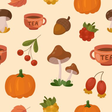 Sonbahar malzemesi pürüzsüz. Mantar, çay, balkabağı, meşe palamudu ve böğürtlenli kumaş, tekstil ve kâğıt ile çiftliğin dekoratif moduna geçin. Vektörsüz konforlu baskı.