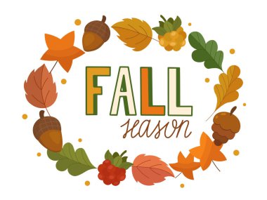 Sonbahar yaprakları, meşe palamudu ve böğürtlen. Güzel klipsli sanat öğeleri ve modern harfler. Huş ağacı, akçaağaç, kavak yaprağı, meşe palamudu, kızılcık, dut ve metin gibi yuvarlak şekilli elementler. Vektör baskısı.