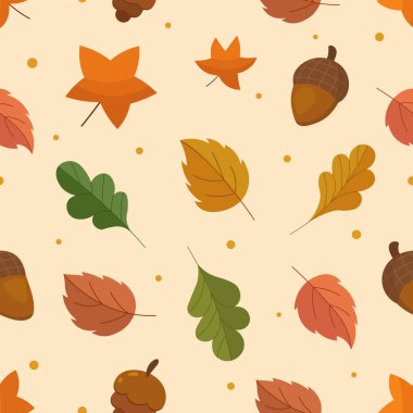 Sonbahar pürüzsüz bir desen bırakır. Meşe, akçaağaç, kavak yaprağı, kumaş, tekstil, kağıt gibi dekoratif mod tekerrürleri kullanın. Sonbahar dekoratif tasarımı sarı, kahverengi ve turuncu renklerde. Vektör baskısı.
