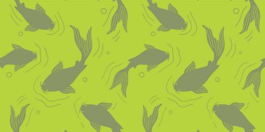 Çiçeksiz koi sazan balığı deseni. Japon doğal motif yeşil arka planı ile koi balığı silueti.