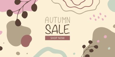 Moda botanik tarzında internet afişi. Soyut arka plan, yapraklar ve çiçekli siluet, yuvarlak rastgele şekiller ve dalgalı elementlerle. Satılık, indirimli, tanıtımlı ve diğer reklam amaçlı. Vektör.