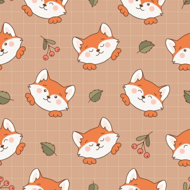 Rowanberry ile kusursuz sonbahar tilkisi deseni. Kumaş ve yapraklı tekstil için Fox moda arka planı. Şirin tilki suratlı, pürüzsüz kare karo. Sonbahar unisex fox yazdırma vektörü baskısı.