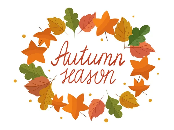 Samimi harflerle yazılan yapraklardan oluşan bir çelenk. Sonbahar sezonu renkli sanat öğeleri yuvarlak şekilli. Sonbaharda meşe, huş ağacı, akçaağaç, kavak ağacı yaprağı gibi şeyler. Tüm sonbahar renkleri metin ile kesişir