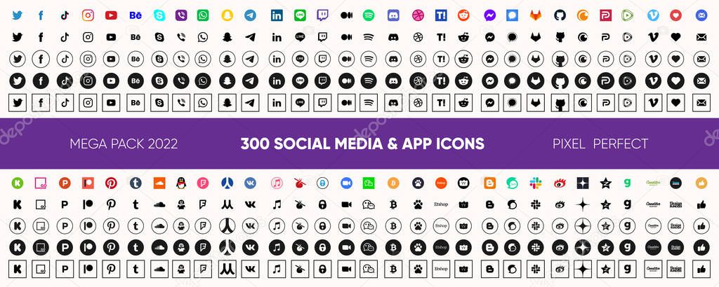 Social media logo icons and their silhouettes on white background. Online social networks symbols, social platforms and internet services actual logotype icons.