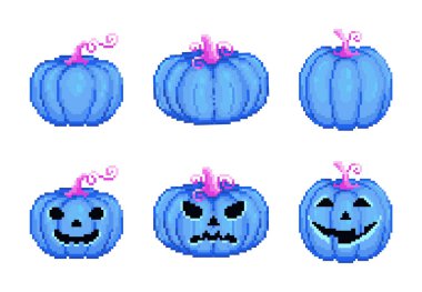 Piksel resim mavisi balkabağı seti. Cadılar Bayramı vektör çizimleri.