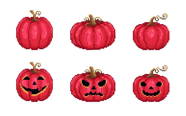 Set Zucche Rosse Pixel Art Illustrazioni Vettoriali Vintage Stile Halloween — Vettoriale Stock