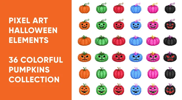 Pixel Art Citrouilles Ensemble Collection Bits Éléments Décoratifs Halloween Illustration — Image vectorielle
