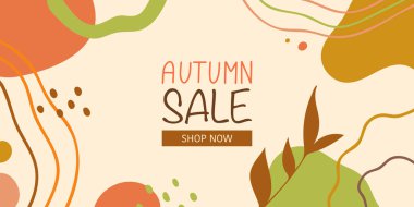 Moda botanik tarzında internet afişi. Soyut arkaplan, yapraklar ve çiçek silueti, rastgele şekiller ve dalgalı elementler. Satılık, indirimli, tanıtımlı ve diğer reklam amaçlı. Vektör.