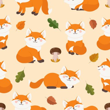 Şirin tilkisiz desenli tasarım. Farklı pozlarda vahşi hayvan tilkileri, mantarlar ve meşe yaprağı. Kağıt, kumaş ve tekstil için Fox karakteri. Vektör tilki illüstrasyonu.