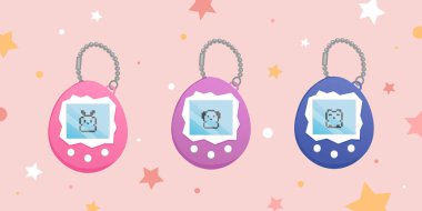 Tamagotchi oyuncak çizim seti. Klasik dijital cep hayvanı oyunu ikonu. Ekran, zincir ve düğmeleri olan Japon klasiği Tamagotchi. Nostalji şeyleri - Tamagotchi Tavşan kedi ve köpek. Vektör.