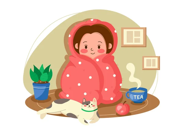 Κορίτσι Τυλιγμένο Κουβέρτα Περνάω Χρόνο Στο Σπίτι Άνετο Βράδυ Καλύτερη — Διανυσματικό Αρχείο