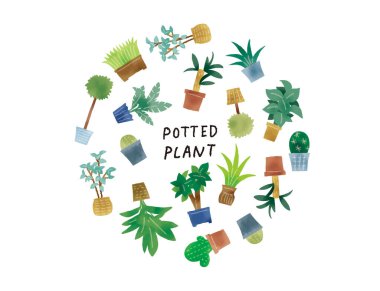 Sıradan Dokunuş Basit Yeşil Saksı Bitki İllüstrasyon Seti