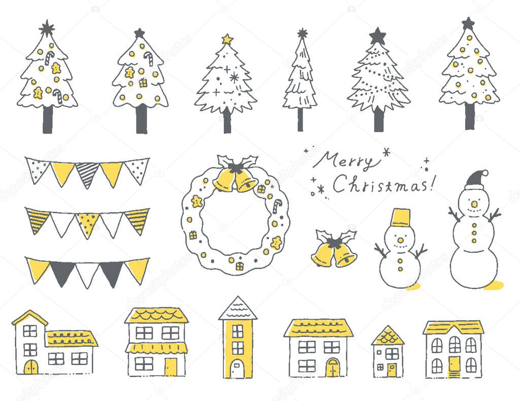 Christmas cityscape and snow greeting card illustration