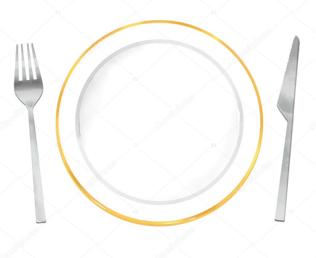 Illustration of a simple white plate with a knife and fork