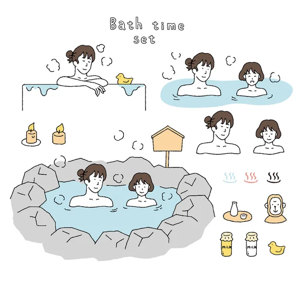 Illustrationsset Von Eltern Und Kind Beim Baden Auf Einer Thermalquellen — Stockvektor