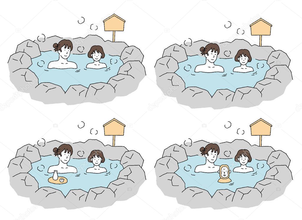 Illustration set of a parent and child taking a bath on a hot spring trip.