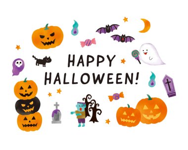 Cadılar Bayramı motifleriyle sevimli illüstrasyon seti