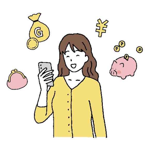 彼女の携帯電話からお金を得るために満足している女性の簡単なタッチイラスト — ストックベクタ