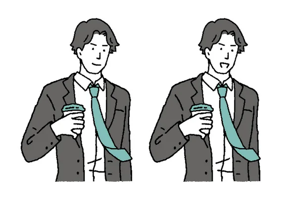 Illustration Eines Jungen Mannes Geschäftsmann Mit Einer Tasse Kaffee — Stockvektor