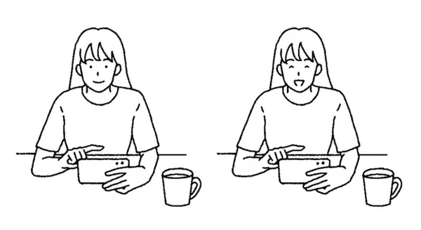 Simple Touch Ilustracja Kobiety Oglądającej Film Przez Telefon — Wektor stockowy