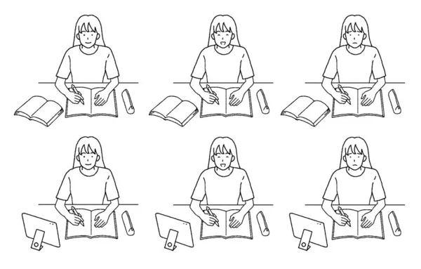 Απλή Αφή Εικονογράφηση Μιας Γυναίκας Που Μελετά — Διανυσματικό Αρχείο