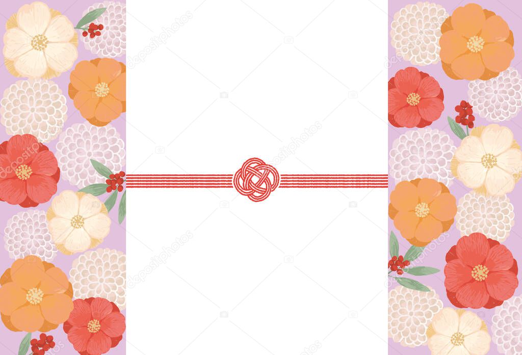 Illustration of gorgeous Japanese floral patterns and cute mizuhiki