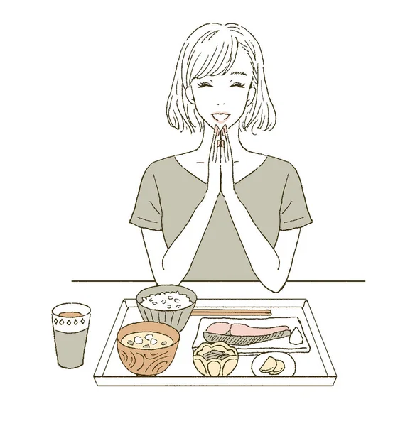 Belleza Ilustración Una Mujer Comiendo Comida Japonesa — Vector de stock