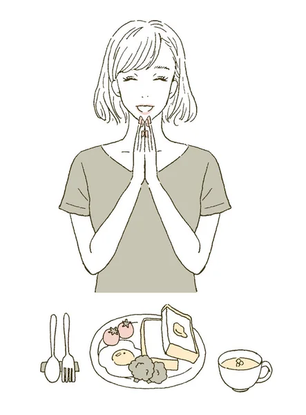 Beauty Illustration Woman Eating Western Breakfast — 图库矢量图片