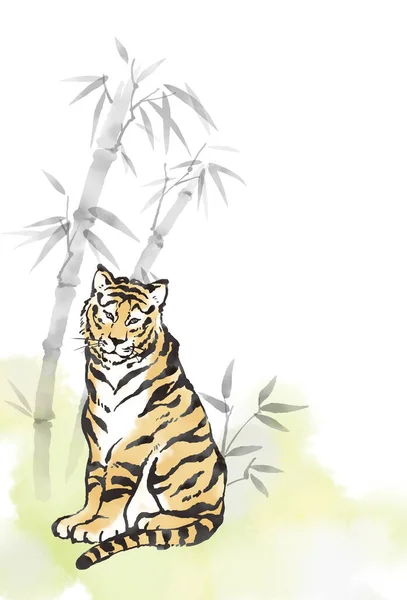 Illustrazione Una Semplice Foresta Bambù Tigre Stile Pittura Inchiostro — Foto Stock