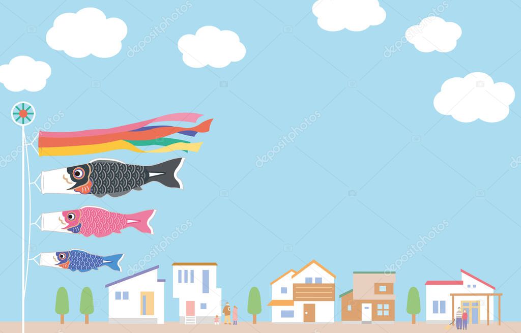 Simple and stylish illustration of carp streamers, blue sky and cityscape