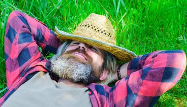 Enjoying sunny day. Bearded man relaxing on green grass outdoors in summer. Happy male in checkered shirt and straw hat.