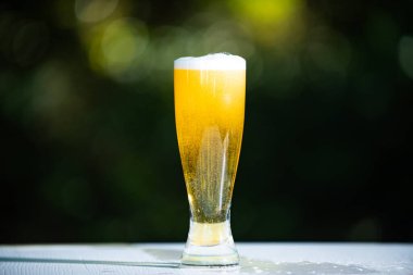 Yeşil Bokeh arka planında cam bira. Köpüklü bira yakın çekim. Bardakta bira, yaz tatili. El yapımı biranın tadı. Bira fincanı. Bira fabrikası konsepti