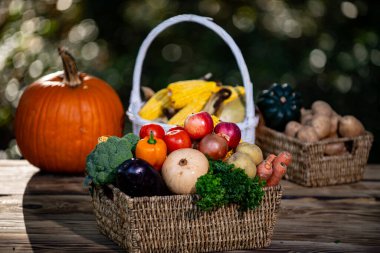Sonbaharda sebze toplayın. Ahşap masada hasat çiftliği ürünleri. Kırsal yaşamı hatırlatan organik gıda hasat etmek. Sağlıklı beslenmeyi destekleyen mevsimsel bolluk hasat et