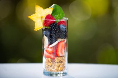 Meyve kokteyli renkli ve taze görünüyor. Meyve kokteyli vejetaryen beslenmesine uyuyor. Meyve kokteyli sabah canlılığını arttırır. Meyve kokteyli hafif ve temiz hissettiriyor.