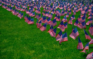 Anma Günü için çimenlerin üzerinde Amerikan bayrağı. Amerikalıların vatanseverlik anıtı. Gaziler ve Anma Günü için Amerikan bayrağı. Amerikan bayrağı ve Anma Günü konsepti