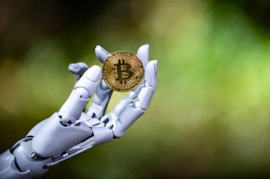 Robotik yapay zekada bitcoin. Kripto para konsepti. Bitcoin gelecek para birimi. Bitcoin yapay zeka engelleme zinciri. Bitcoin şifreleme ticareti