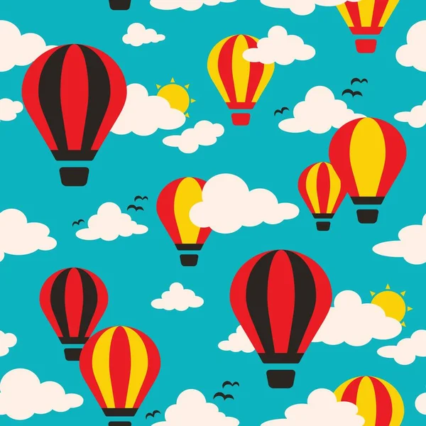 Vector Graphic Hot Air Balloon Στο Blue Sky Seamless Pattern — Διανυσματικό Αρχείο