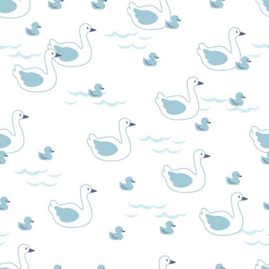 Beyaz Kuğu Ailesi Göl Vektörü Grafik Çizimi Kusursuz Desen arkaplan ve giysi tasarımı için kullanılabilir