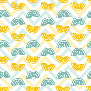 Retro Eğlence Yazı Cyan Citrus Dilimleri Vektör Grafiksiz Desen Arkaplan ve Giysi Tasarımı için kullanılabilir