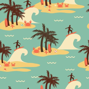 Tropikal Ada ve Sörf Vektörü Grafik Sanatı ile Retro Kusursuz Desen, arka plan ve giysi tasarımı için kullanılabilir